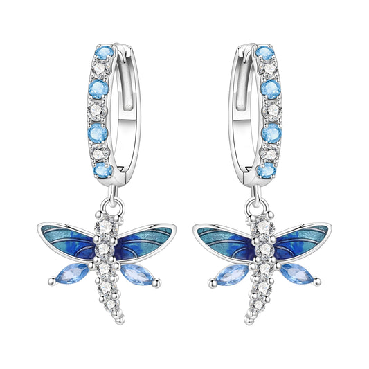 S&S Gradient Blue Enamel Dragonfly Drop Earrings – CZ Zircon – Collection