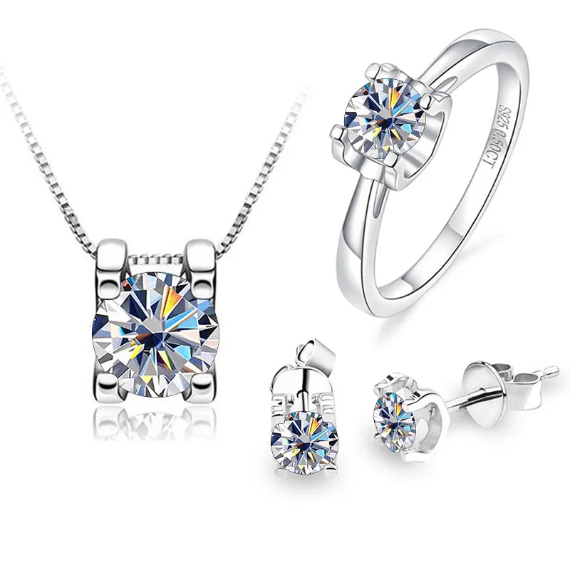Luxury Moissanite Jewelry Set 925 Sterling Silver 1ct Earring Ring Pendant VVS Moissanite Diamond for Women