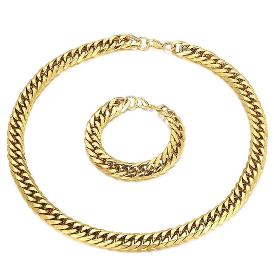 Kalen Hip-pop Gold-Plated Stainless Steel Cuban Link Jewelry Set With 65cm Necklace&23cm Bracelet