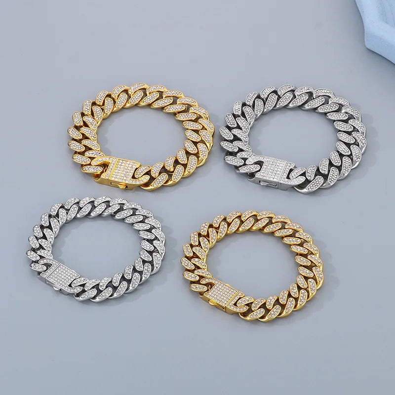 2PCS/SET European and American Stainless Steel Hip-hop Full Diamond Cuban Chain Stainless Steel Men's Necklace Bracelet Set