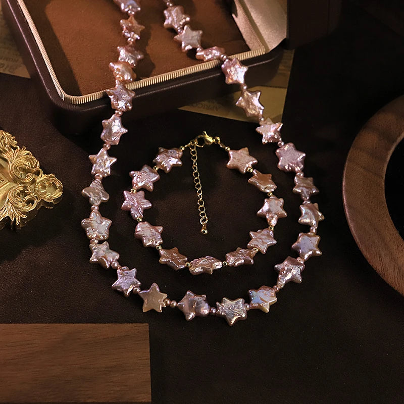 GLSEEVO Natural Purple Star Shaped Baroque Pearl Jewelry Set for Mother's Day Gift Pearl Necklace Bracelet Set Fashion Jewelry