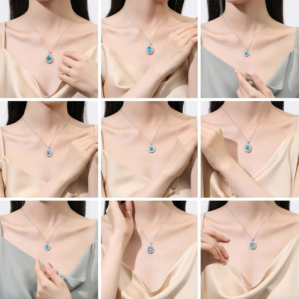 925 Sterling Silver Classic Square Blue Zircon Pendant Necklace | Luxury Blue Stone Clavicle Chain Birthday Gift for Women