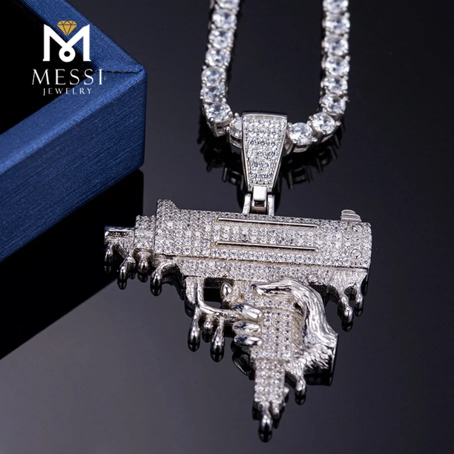 BiG-BOSS Messi Jewelry 925 Silver Jewelry Cz Stone Hip Hop Gun Pendant Necklace for Men