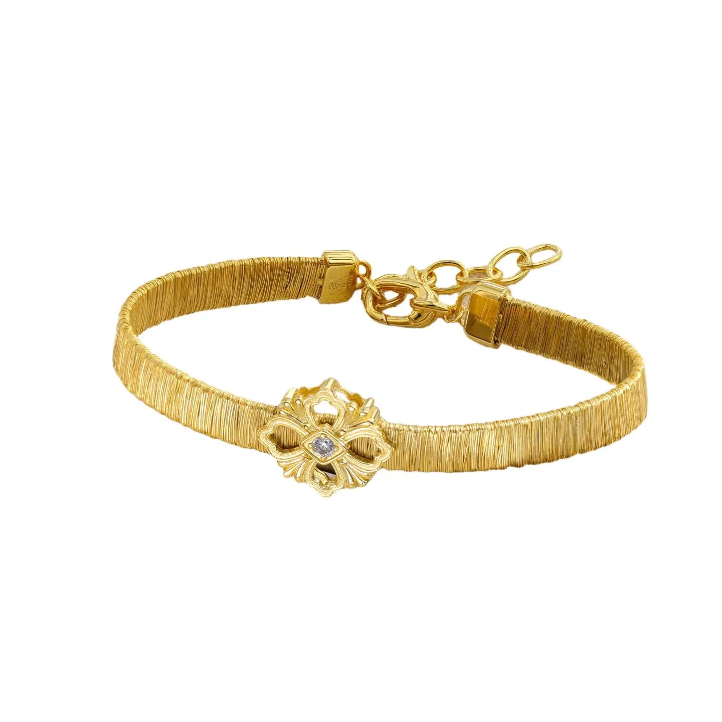 MuShan Jewelry Factory a Pure Silver and Gold Silk Wound Four-leaf Clover Bracelet for Women, Italian Weaving