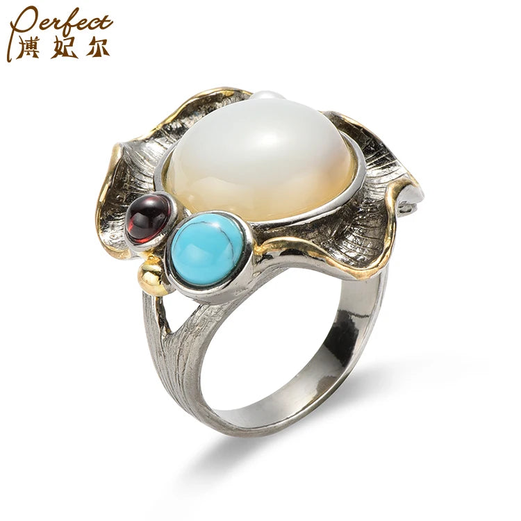 New Trendy Retro Temperament Fancy Sterling Silver Fashion Marine Chalcedony Jewelry Rings