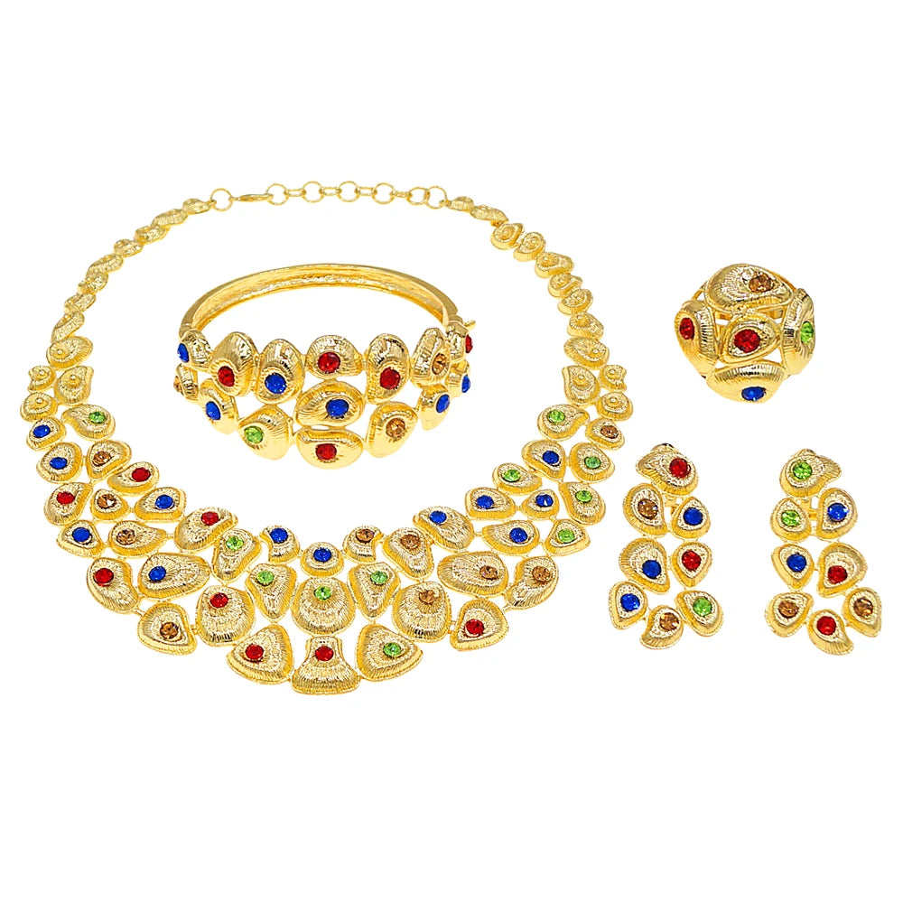Zhuerrui Brazilian Style Two-tone Gold Pearl Jewelry Set White Crystal Inlaid Necklace Earring Bracelet Ring for Party I008020-2