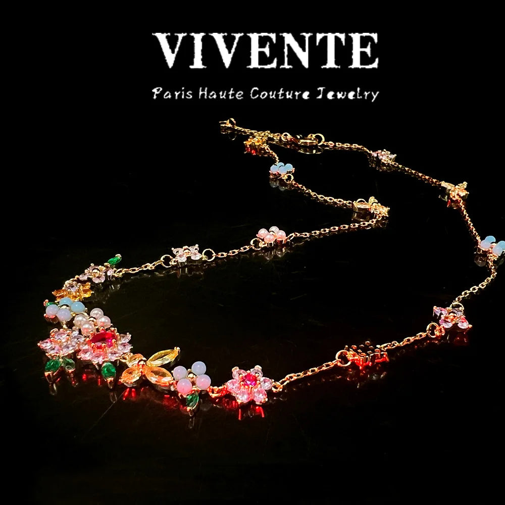 KS New Floral Colored Gemstone Jewelry Set: High-end, Light Luxury, American Niche Design, 24K Copper-plated Necklace, Bracelet
