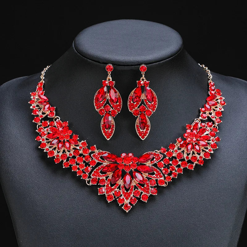 Retro Leaves & Flowers Crystal Necklace & Earrings Set | Exaggerated Luxury Bridal Jewellery | 10 Colours