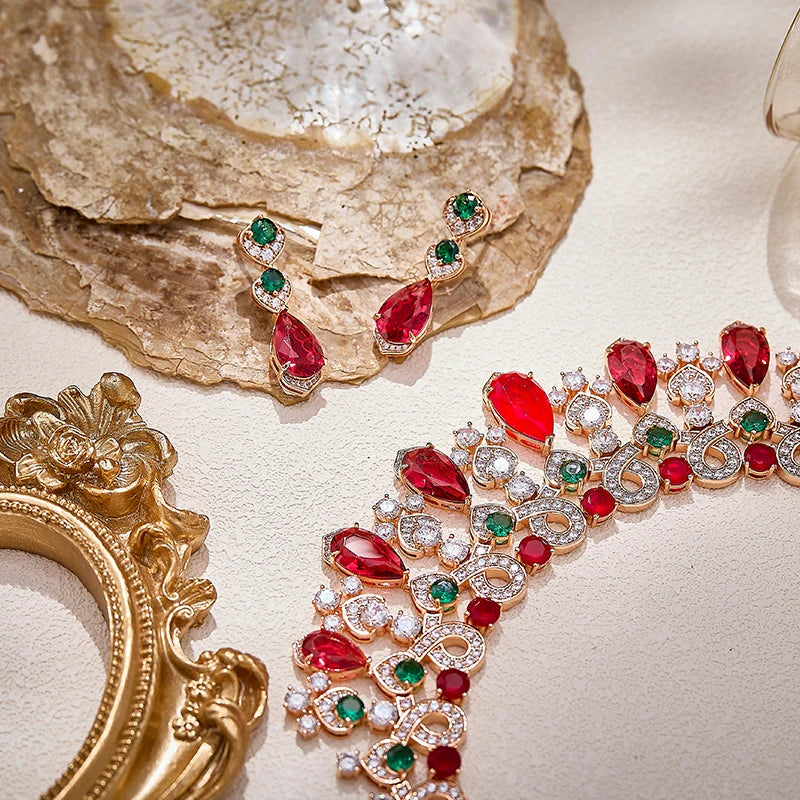 Luxury Palace Style Red and Green Gemstone Jewelry Set Rose Gold Necklace Earrings for Wholesale Bride Dinner Dress Accessories