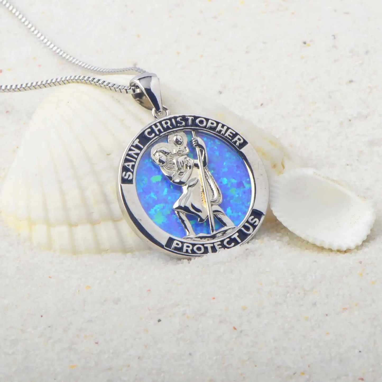 TikTok Ins Viral Copper Opal Virgin Mary Pendant Necklace | Blue Fire Gem Statement Jewelry Link Chain Silver Plated Wholesale