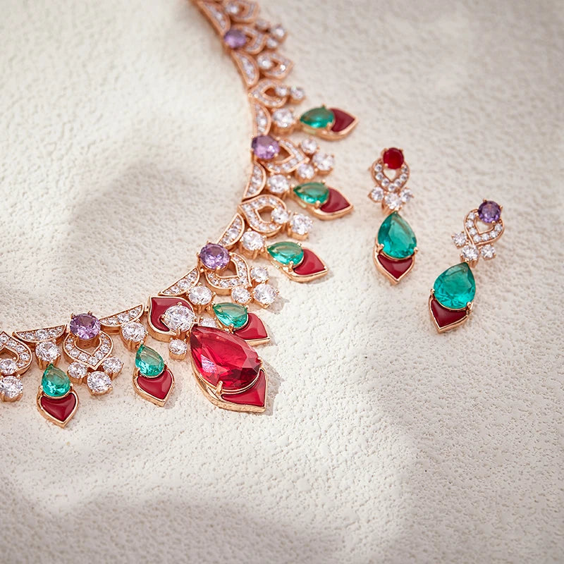 2025 New Women's High End Jewelry Brass Necklace Earrings Red Agate High Quality Zircon Luxury Wedding Gift