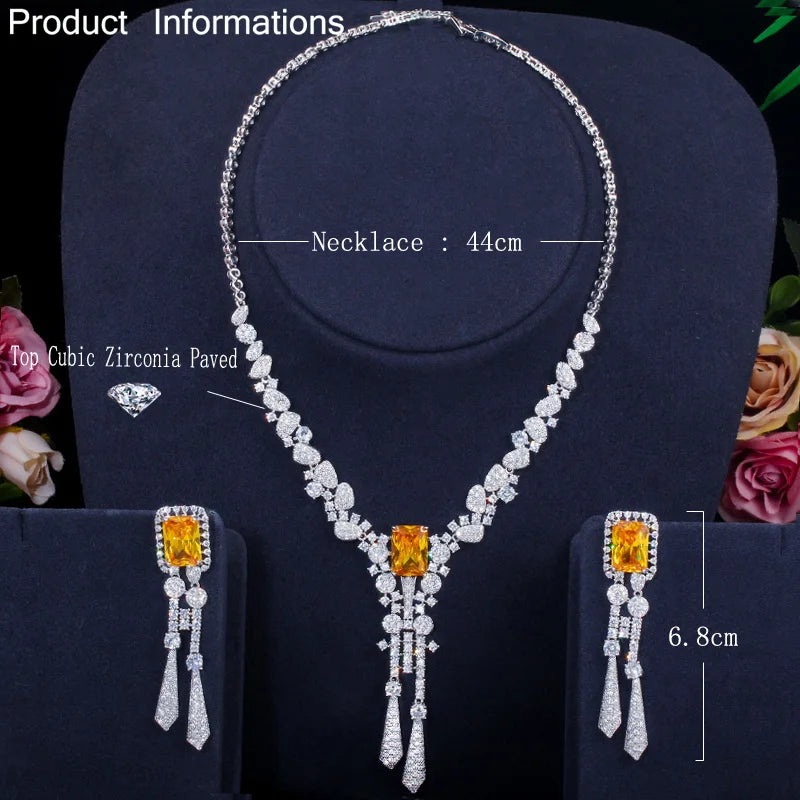 Luxury Yellow Nigeria CZ Crystal Dangle Drop Wedding Earring Necklace with Long Tassel Big Dubai Bridal Jewelry Sets Accessories
