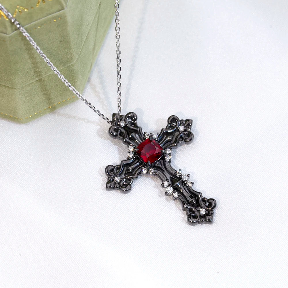 Custom Fine Jewelry MSN-896 925 Silver Cross Necklace Chain 5x5mm Cushion Shape Ruby Lab Grown Gemstone Necklace