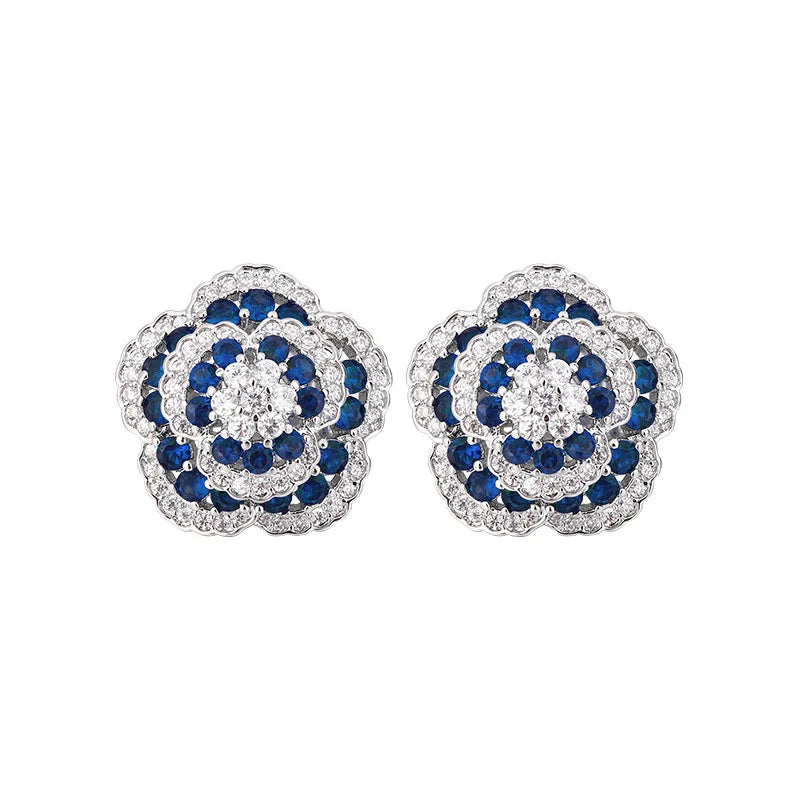 Gemfiori French Retro Exquisite Sparkling Three-dimensional Blue Camellia Pendant Ring Earrings Light Luxury Elegant Set