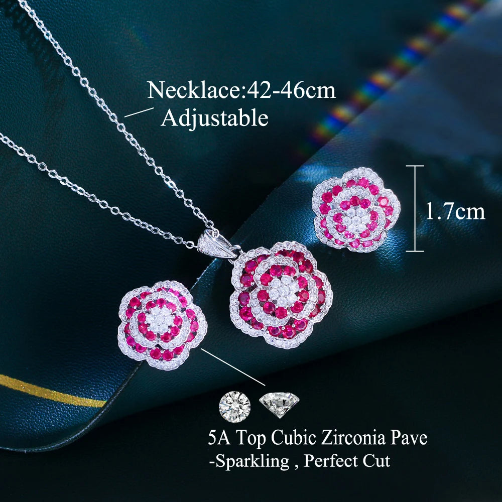 Elegant Flower Pendant Wedding Luxury Necklace and Earrings Full Zirconia Bridal Big Red Flower Shape Jewelry Set for Women