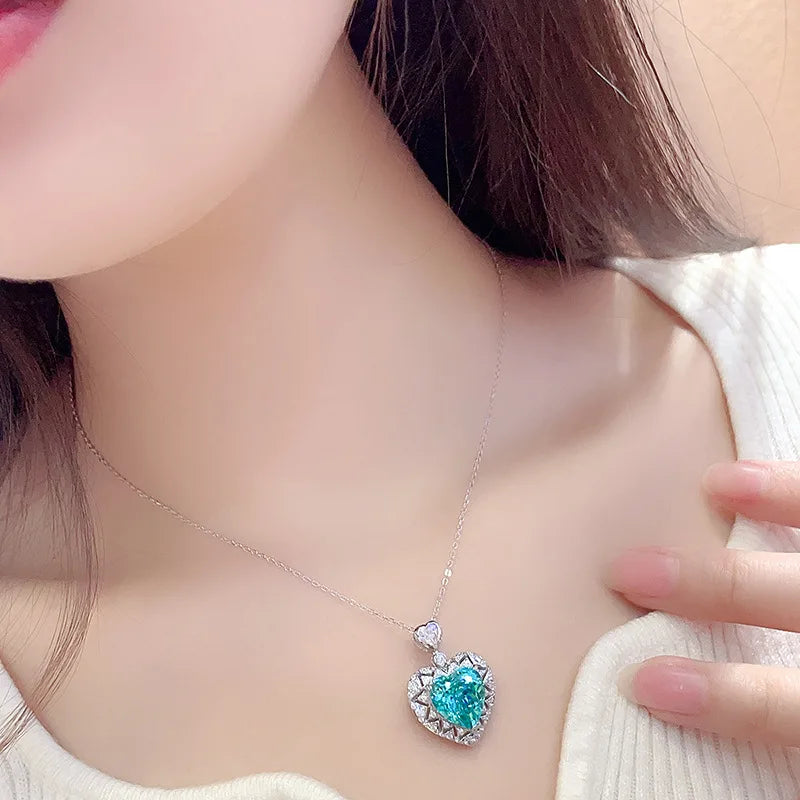 Gemfiori Fashionable High-End Paraba Heart-Shaped Pendant S925 Silver Bead Chain Necklace for Women 85-Carat Center Stone
