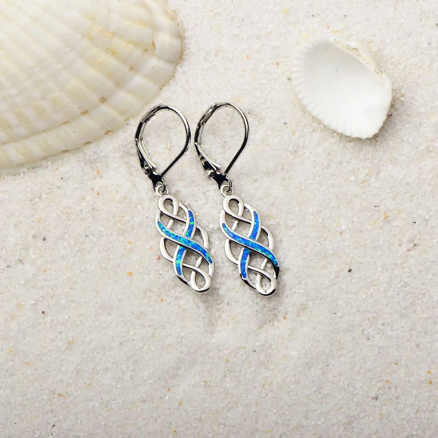 Blue Opal Infinity Earrings | Silver Twisted Design Drop Jewelry