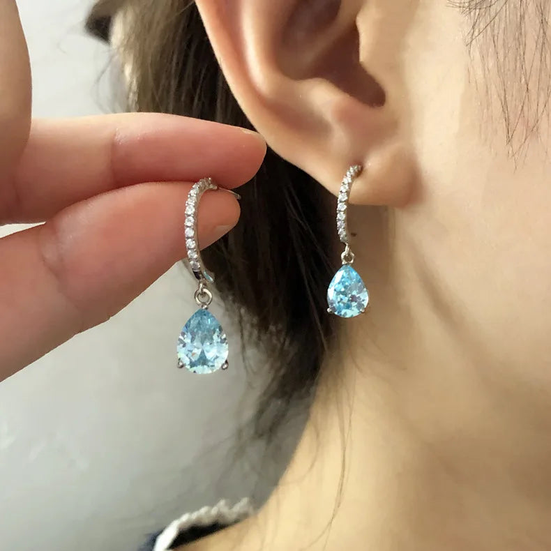 MUSHAN Jewelry Factory 2.6 Carat 7 * 9 Sea Blue Zirconia Water Drop Earrings Women Pure Silver Earrings Fashion Earrings