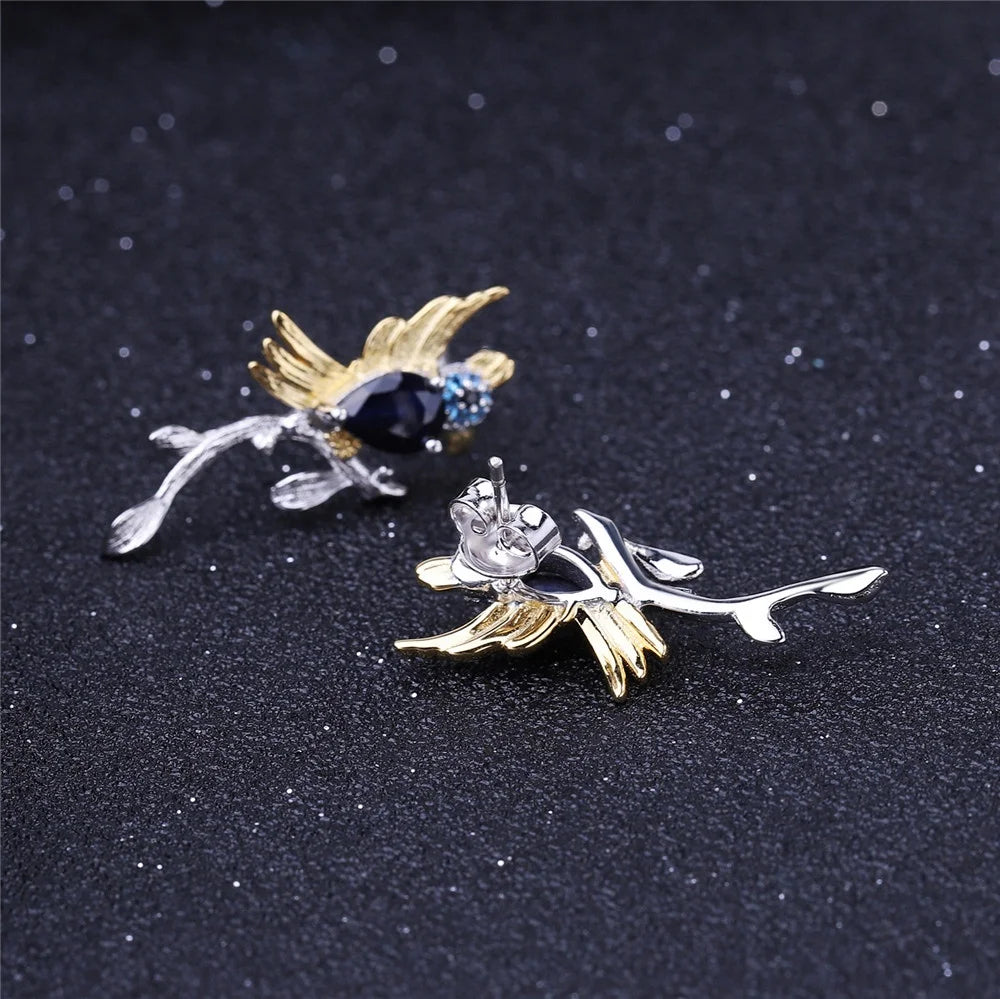 ArtistA C7771 Abiding Cute Natural Blue Sapphire Gemstone 925 Sterling Silver Animal Bird Ring Earrings Jewelry Set