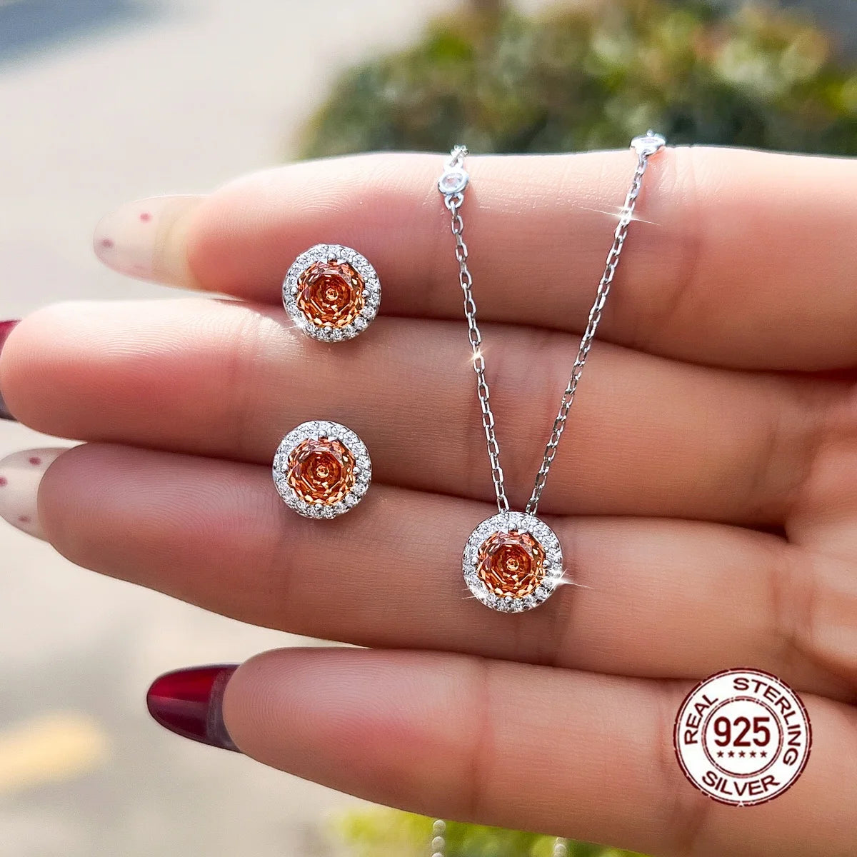 Luxurious S925 Silver Champagne Rose Flower Cut Cubic Zircon Round Design Necklace and Earring Jewelry Set for Girls Party Gifts