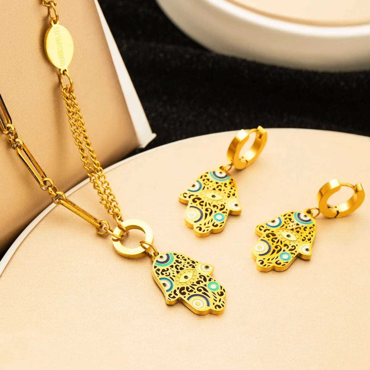 Gold Hamsa Hand & Evil Eye Enamel Necklace & Earrings Set — Stainless Steel Spiritual Jewellery