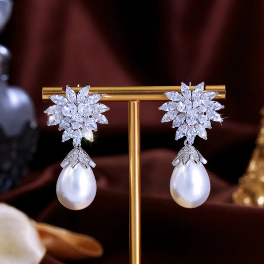 S&S White Marquise CZ Geometric Dangle Drop Earrings – Silver Plated – Collection
