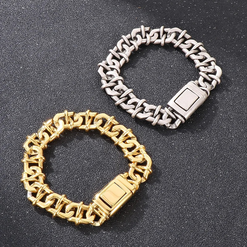 KALEN Men Retro Industrial Style Silver/Gold Color Stainless Steel Matte Surface Links Bracelets