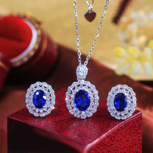 Vintage Style Royal Blue Cubic Zirconia 925 Solid Silver Necklace and Earring Set for Ladies Wedding Engagement Fine Jewelry Set