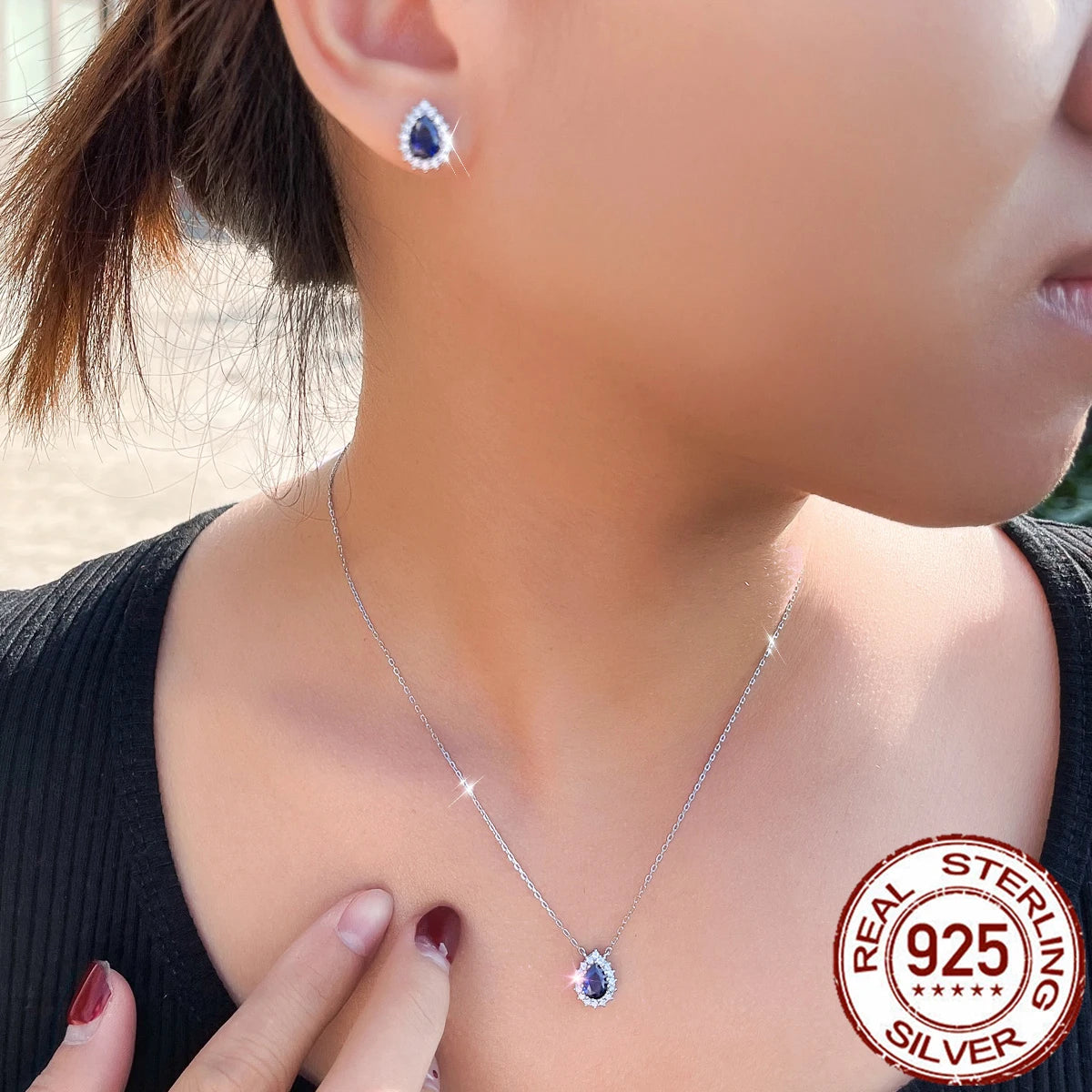 S&S 925 Silver Royal Blue CZ Teardrop Necklace & Earrings Set – Pear Cut – Rhodium Plated – Collection
