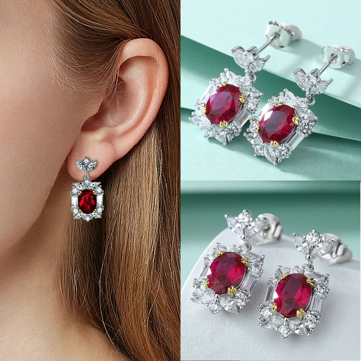 ArtistA Fine Jewelry Wedding Party Queen S925 Silver Necklace Earrings Set ZIRCON Red Rhodium Plated High Quality Women's Fashion