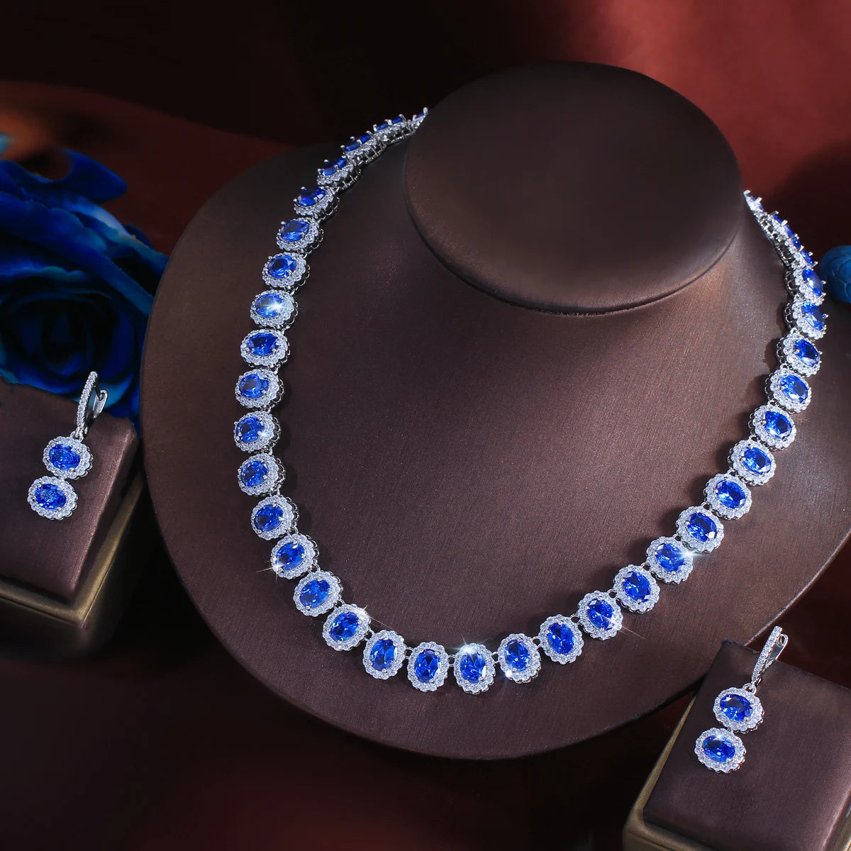 Tanzanite Oval CZ Jewelry Set Necklace Huggie Dangle Earrings Rhodium Plated Cubic Zirconia Bridal Women Wedding Jewelry Set