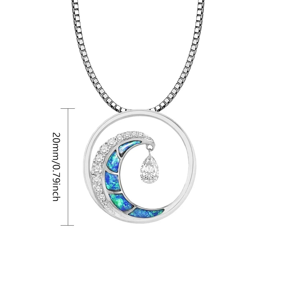 TikTok Viral Wave Opal Silver Plated Copper Box Chain Christian Lariat Necklace | Blue Ocean-Inspired Women's Gift Jewelry
