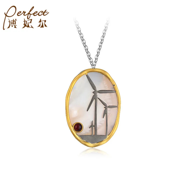 PERFECT New Designs Jewelry Fashion Pink Mop Stone 925 Sterling Silver 18K Gold Plated Windmill Pendant Women's Unisex