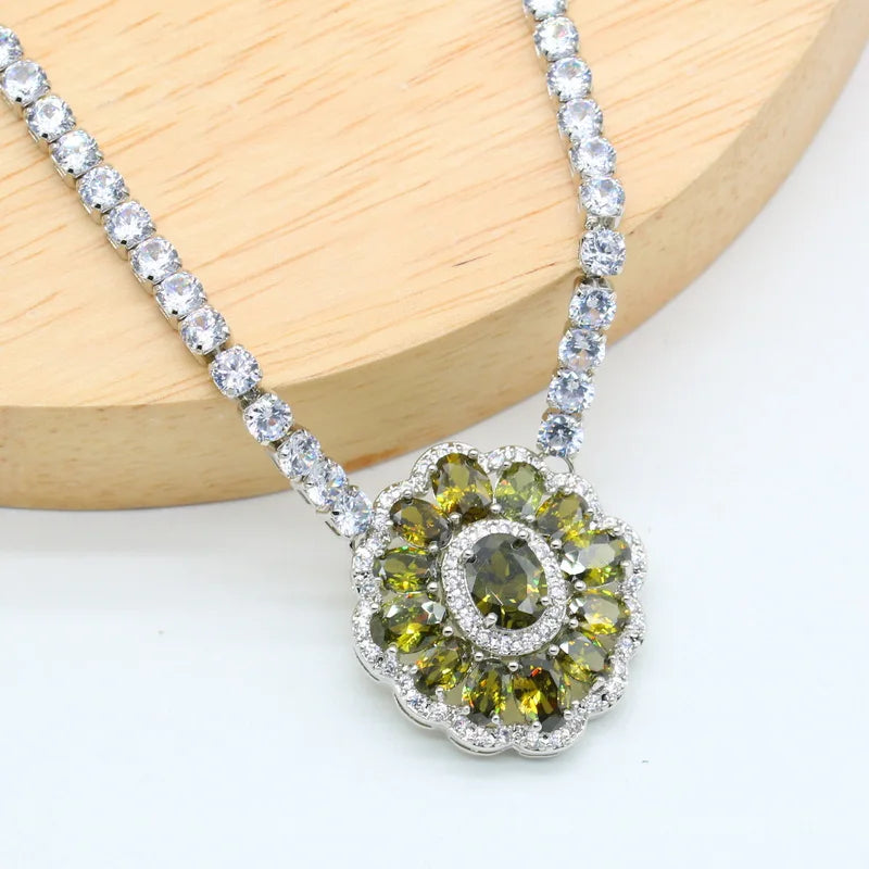 XOTICA 925 Silver Stamp Green Peridot Necklace Earring Set Luxury Wedding Party Jewelry for Women Gift Engagement Anniversary Zircon