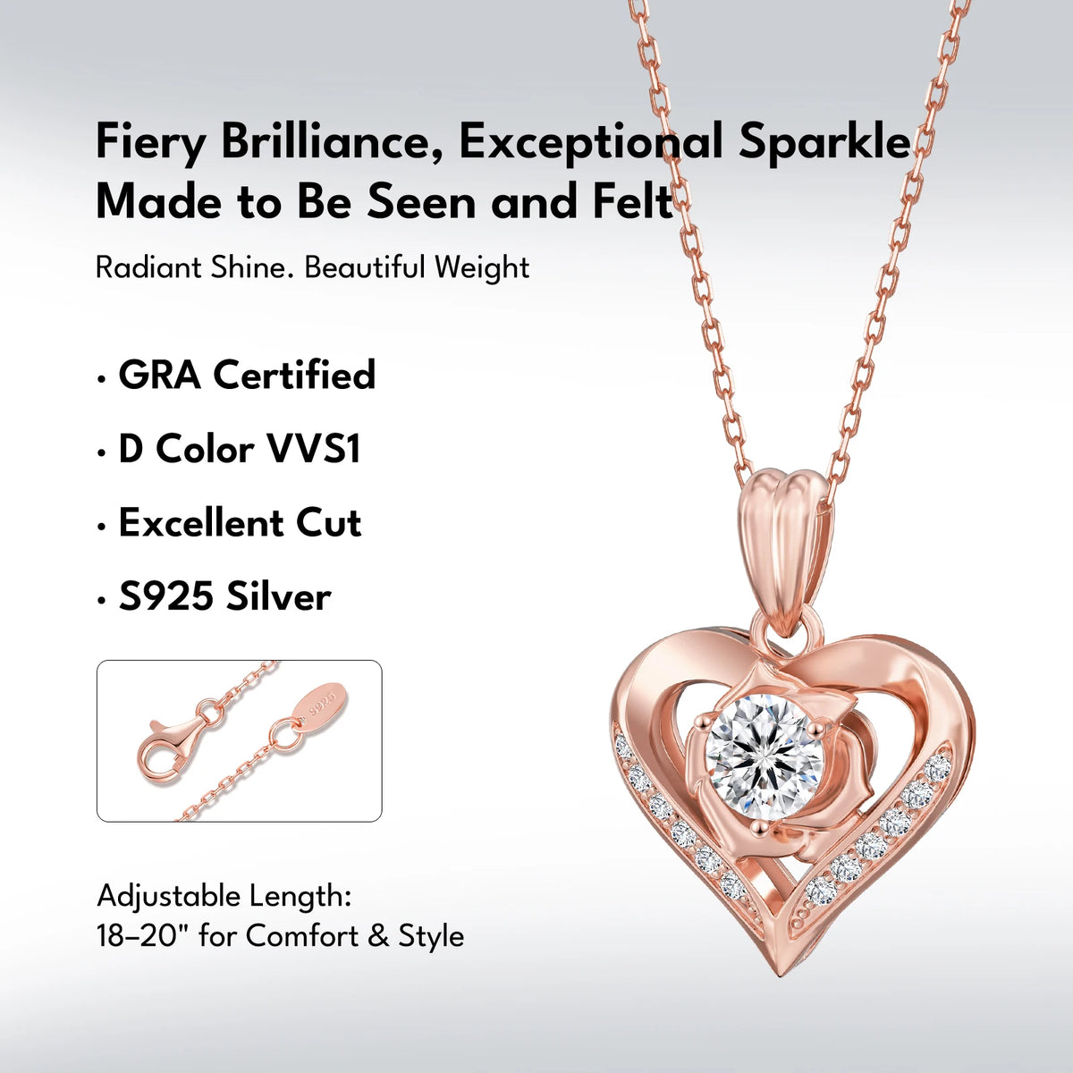Romantic Rose Heart Design Moissanite Heart Pendant 1ct VVS Lab-Created Diamond 925 Sterling Silver Women Jewelry Gifts Necklace
