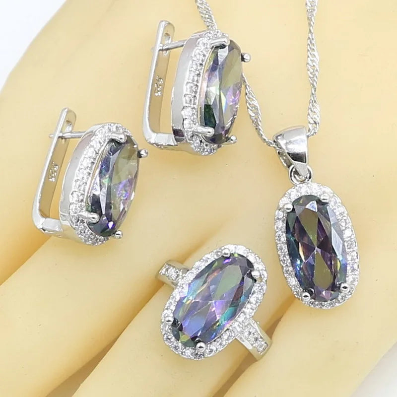 XOTICA Rainbow 925 Silver Women's Jewelry Set Ladies Pendant Rings Bracelet Hoop Earrings Necklace Zircon Wedding Gift Box Accessory