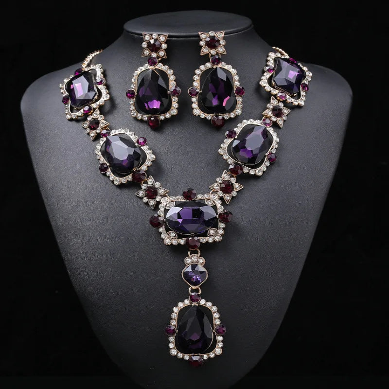 Crystal & Rhinestone Statement Necklace & Earrings Jewellery Set | Bold Retro Glam Fashion Set