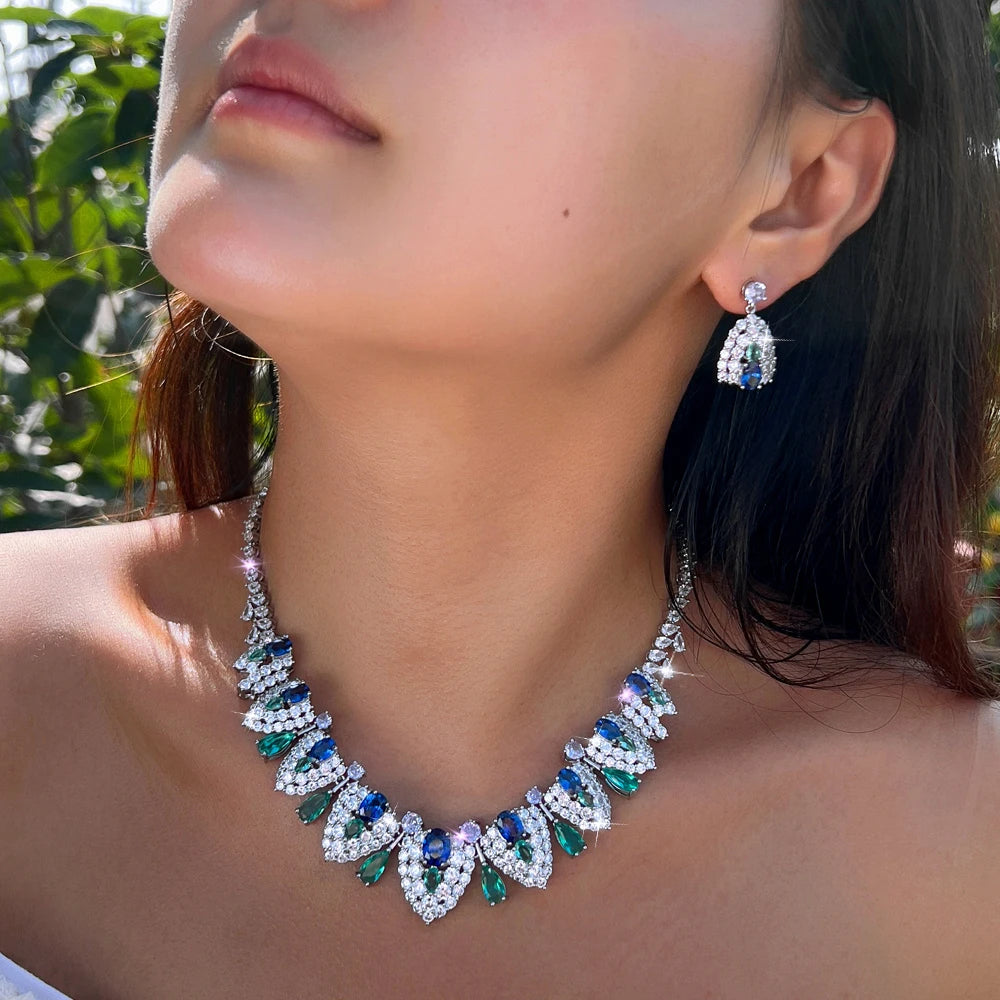 Luxury Brilliant Blue Synthetic Tanzanite Stone and Cubic Zirconia Shield Design Bridal Wedding Party Jewelry Set for Women