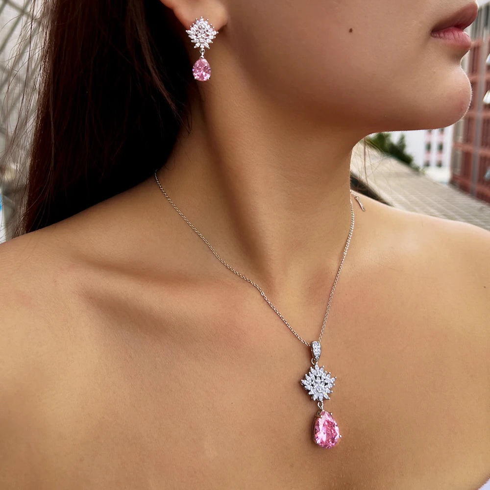 Gorgeous Pear Cut Cubic Zirconia Necklace and Earrings Engagement Pink Pendant Jewelry Set for Women Dairy Wear Accessories