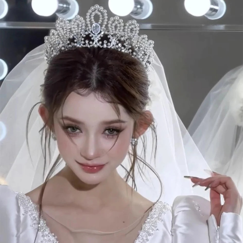 Japanese Korean Wedding Zircon Pearl Crown Princess Headdress Vintage Tiara Bridal Elegant Hair Accessory