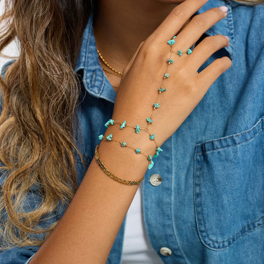REBEL Jjguoyi Unisex 18K Gold Plated Stainless Steel Blue Turquoise Double-Layer Interlocking Bracelet Fashionable Bangles