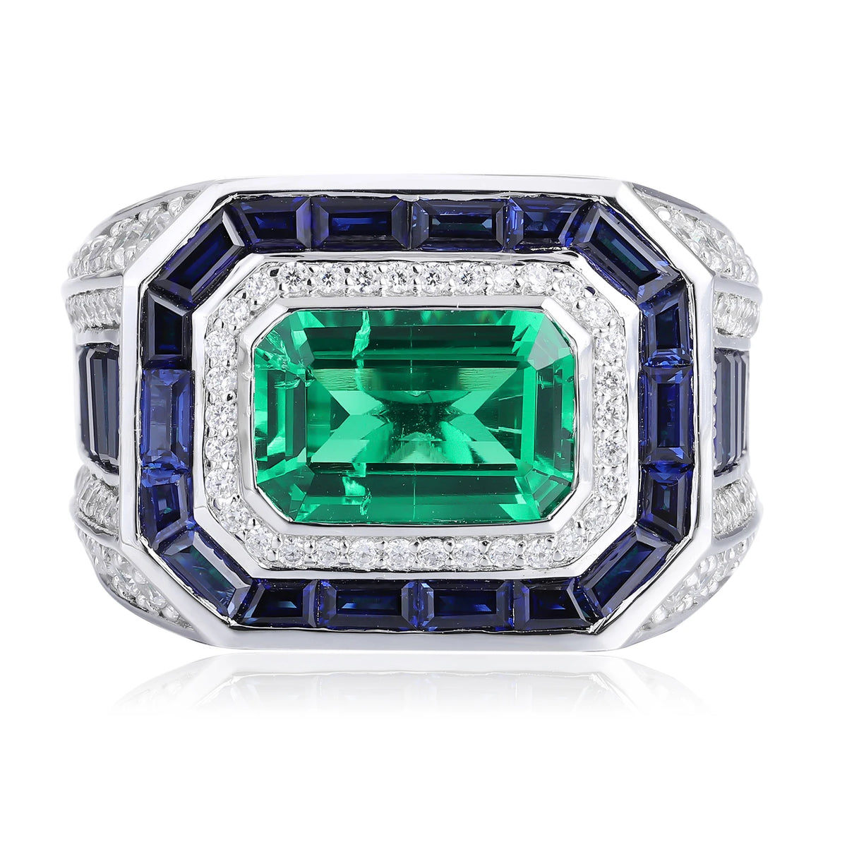 Gemfiori Anster Classic Men's Ring Lab Grown Emerald Sapphire Gemstone Rings 925 Sterling Silver for Gift Party Engagement Anniversary