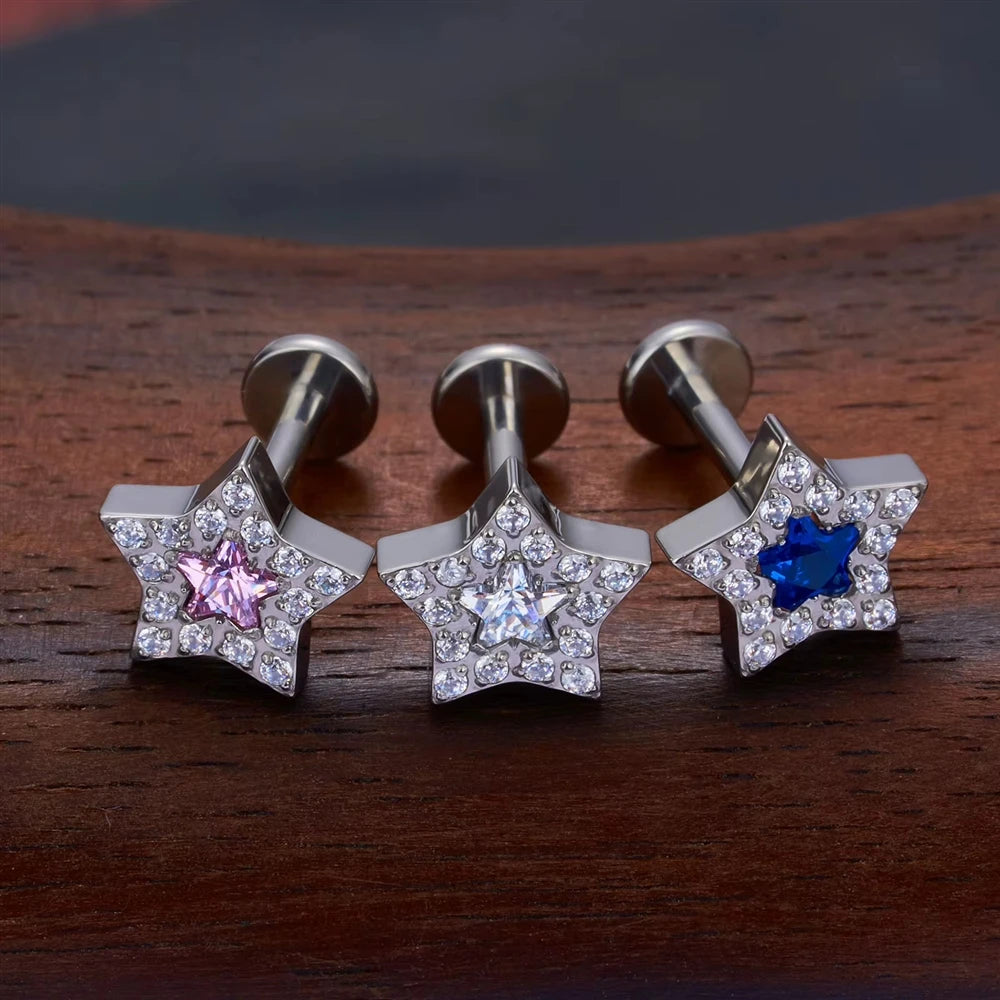 ASTM F136 Titanium Helix Earring Labret 16G Star Shape CZ Paved Internal Thread Punk Style Nose Studs Piercing Jewelry Wholesale