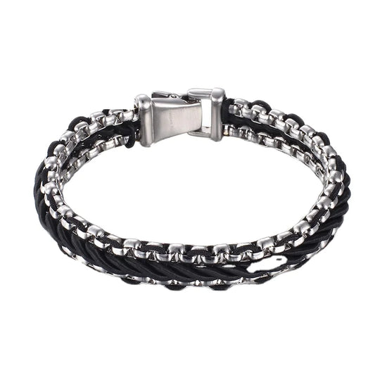 KALEN Silver Color Stainless Steel Bangle Leather Men Bracelet