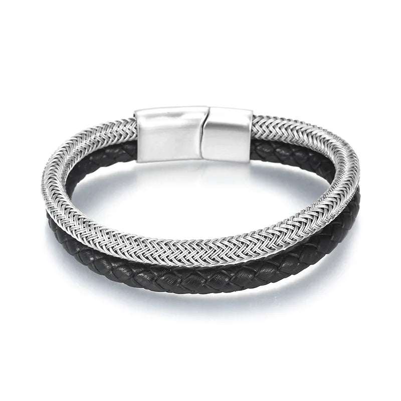 KALEN 12mm Width Men Mature Silver/Black Stainless Steel&Cowhide Leather Double Chain Bracelet