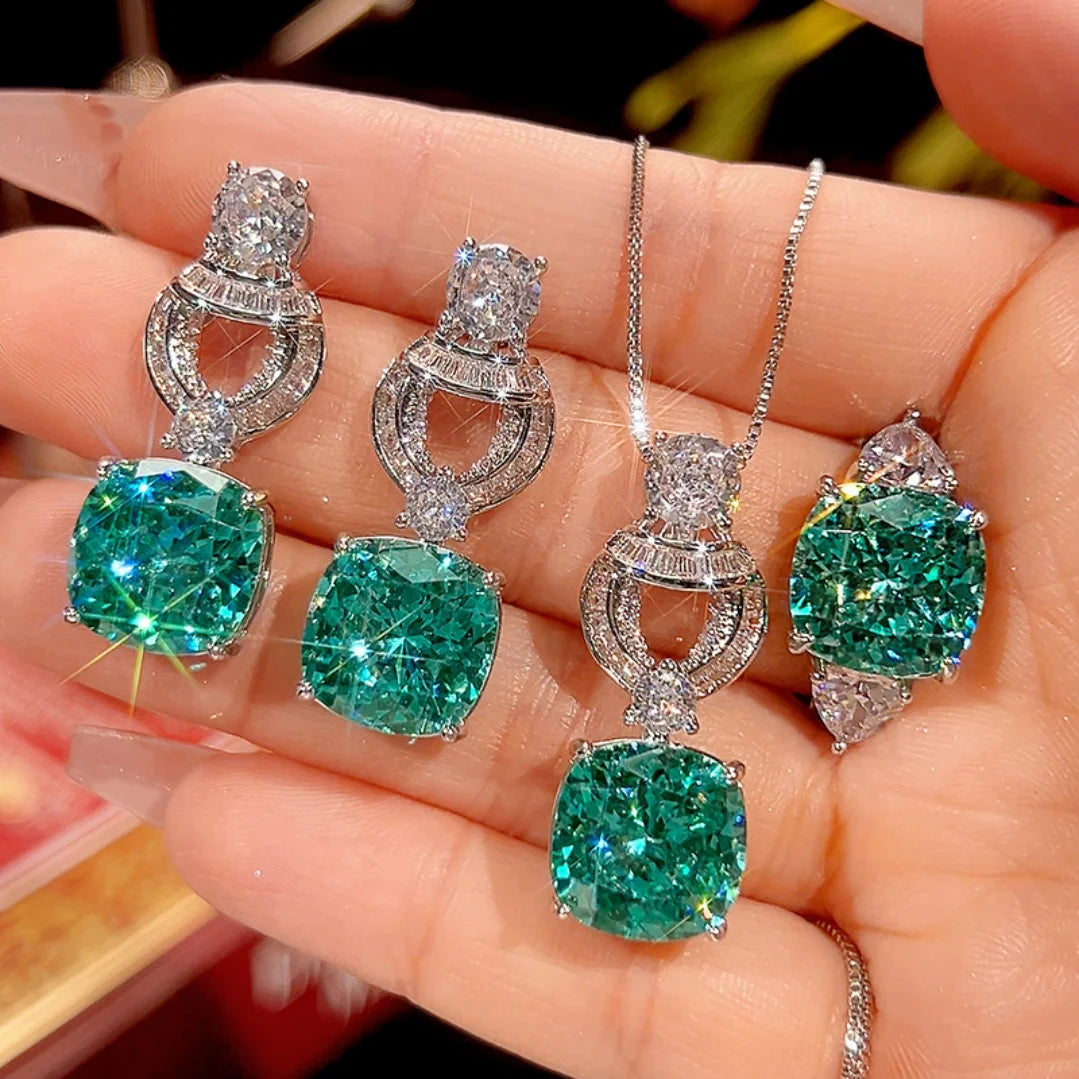 S&S Gold Plated Emerald Green Cushion Cut Zircon Jewellery Set – Collection