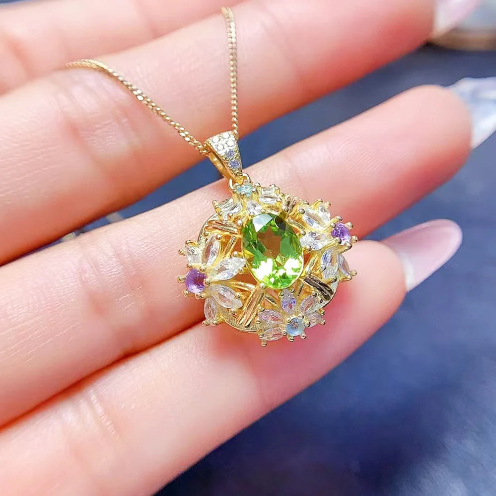 REDheart Luxury Gold Plated 925 Sterling Silver Natural Peridot Claw Setting Necklace Ring Kids Jewelry Set Wedding Party Birthday Gifts