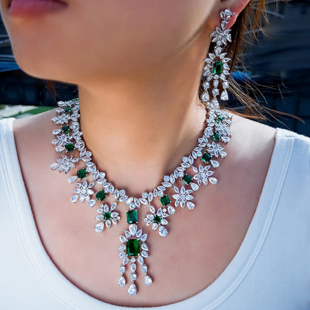 Luxury Dangle Tassel Drop Cubic Zirconia Green Wedding Decor Party Big Necklace Bridal Jewelry Sets for Women
