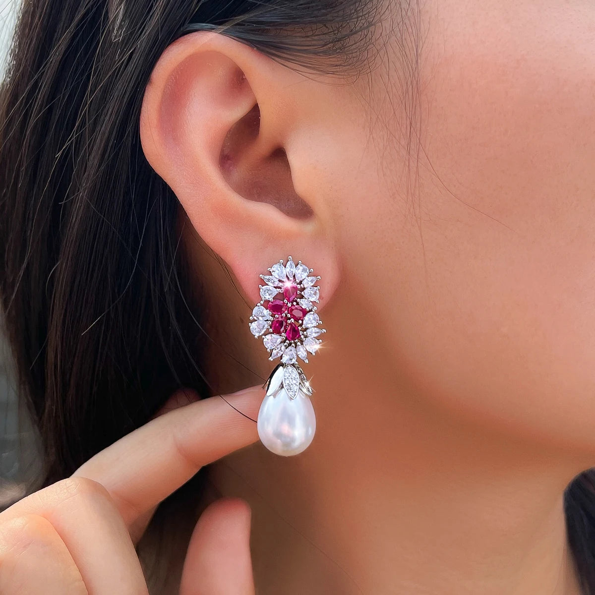 S&S Red CZ & Pearl Geometric Drop Earrings | Bridal Wedding Prom | NewLife