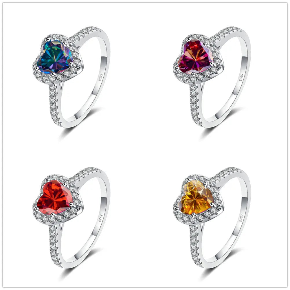 Wholesale Fine Jewelry S925 Sterling Silver Love Heart Ring Light Luxury 1Carat Colorful Heart Shaped Moissanite Engagement Ring